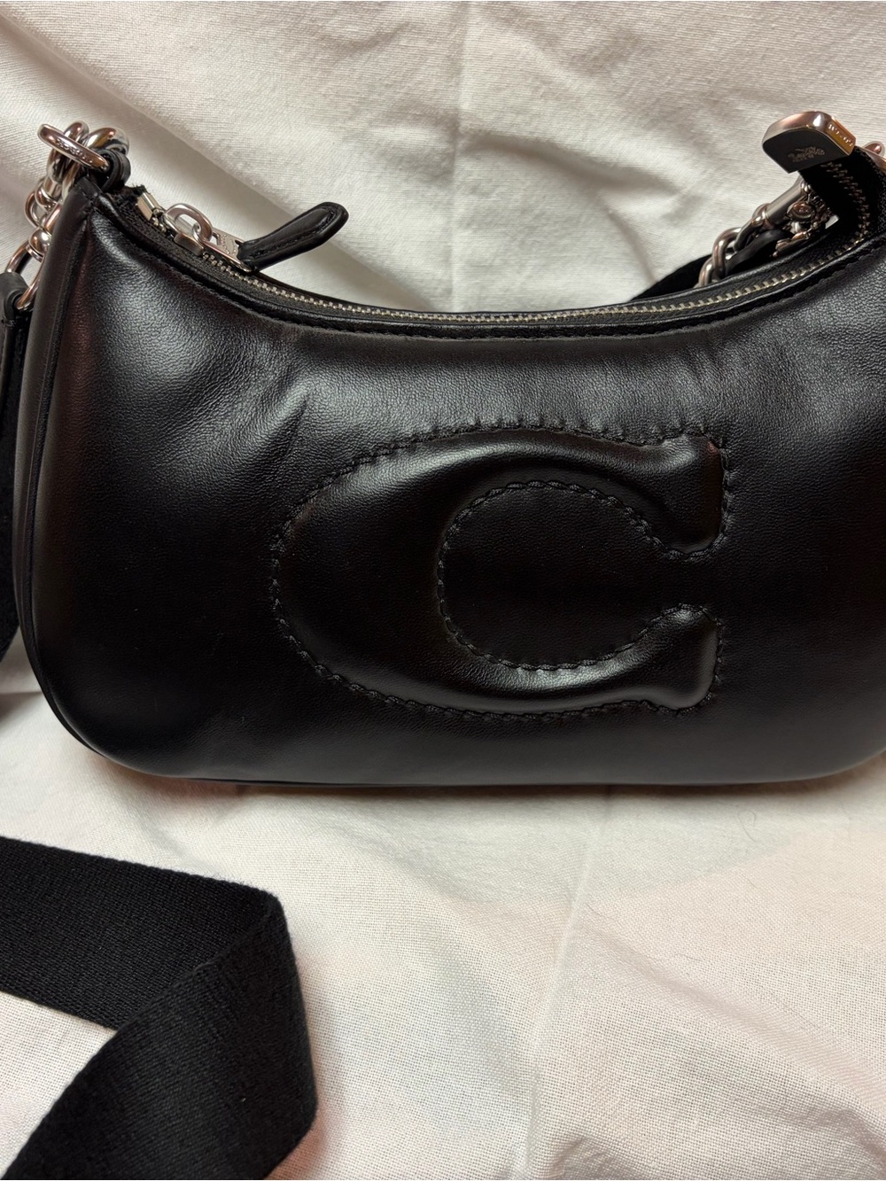Coach Black Leather Shoulder Bag with Embossed C and Chain Strap